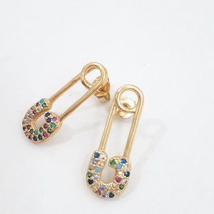 18K Gold Plated Safety Pin Stud Earrings - Multicolor Cubic Zirconia - 21mm x 8m